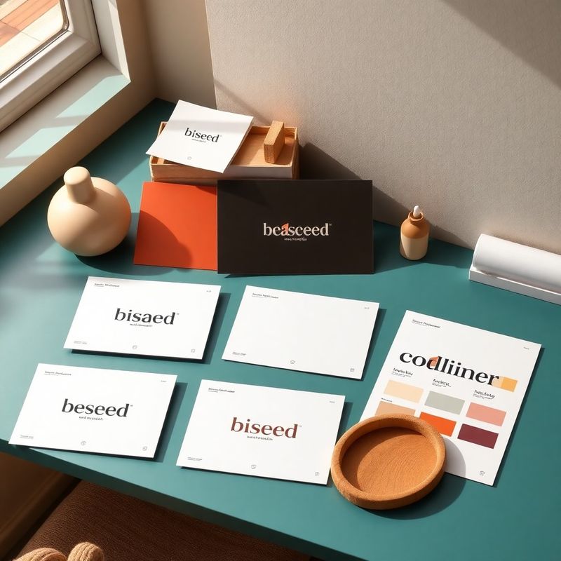 Flat lay di deliverable d'identità di marca su scrivania teal-modern