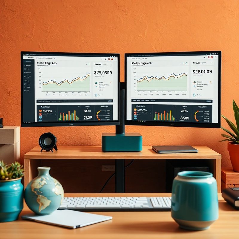 Dashboard Google Ads e Meta Ads su doppio monitor con metriche ROAS e CPA