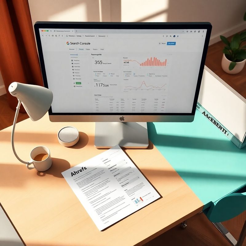 Dashboard Google Search Console e report SEO su scrivania teal-modern