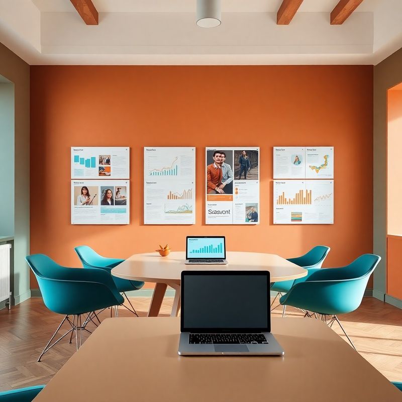 Sala riunioni di Casa Bruno con case study stampati e laptop aperto